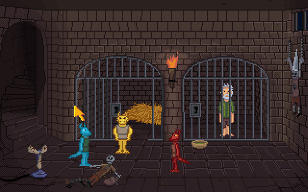 3 different colored kobolds standing in front of someone in a prison cell