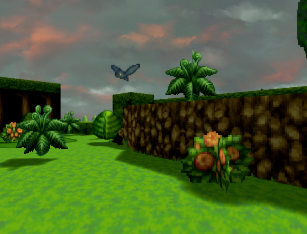 screenshot from The Hypnic Chain, showing bright green grass and plants under a cloudy sky.