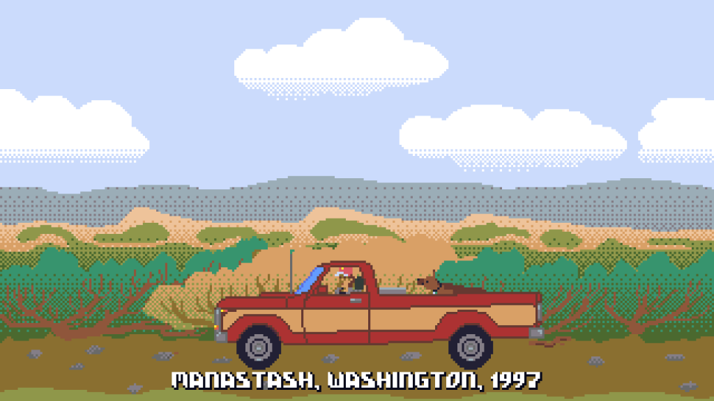 man and dog in a truck and text saying "Manastash, Washington, 1997"