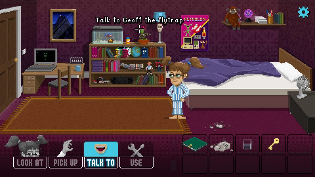 a girl in her pajamas in her bedroom