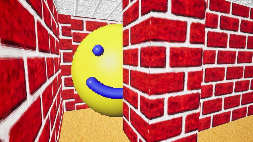 A yellow smiley face in a maze of 3D red bricks