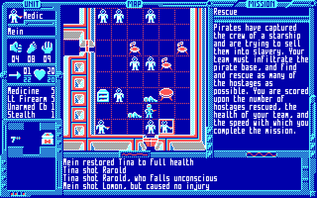 top down view of soldiers in a hallway in a very blue screen. Text saying you must rescue hostages.