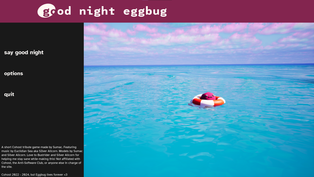 purple bug sitting in a floatation device and the text says good night egg bug