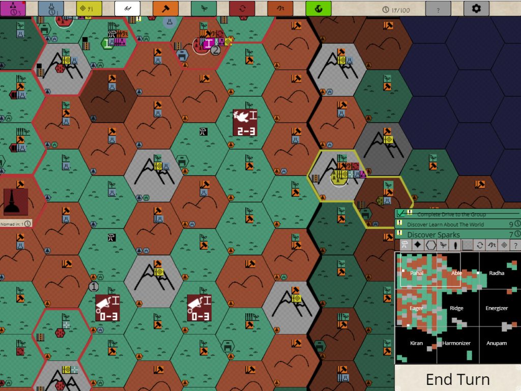 screenshot of green,brown, and grey hex tiles showing hills and mountains, and a map of all the titles in the lower right corner