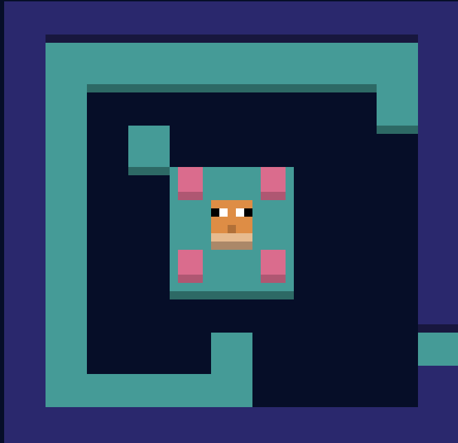 a block with eyes in the middle of 4 pink blocks in a maze