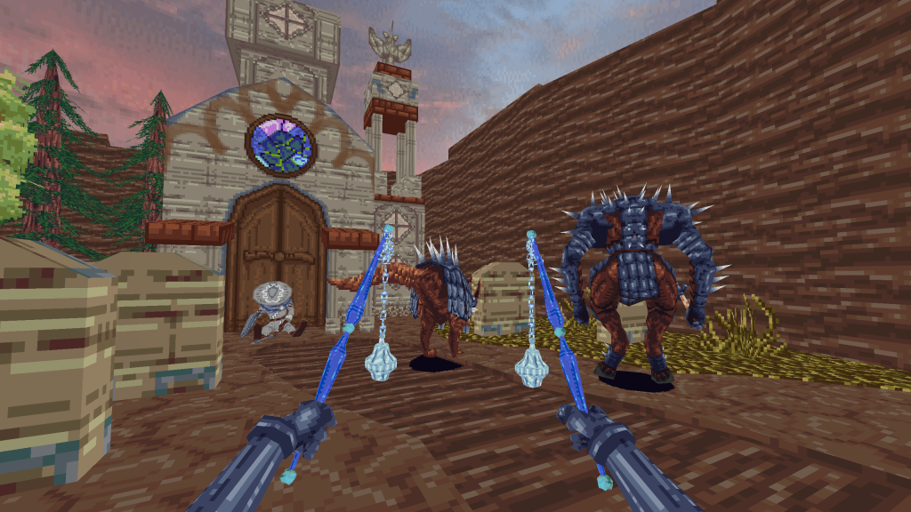 first person view of you holding two mace-like weapons and behind two armored creatures by an old building