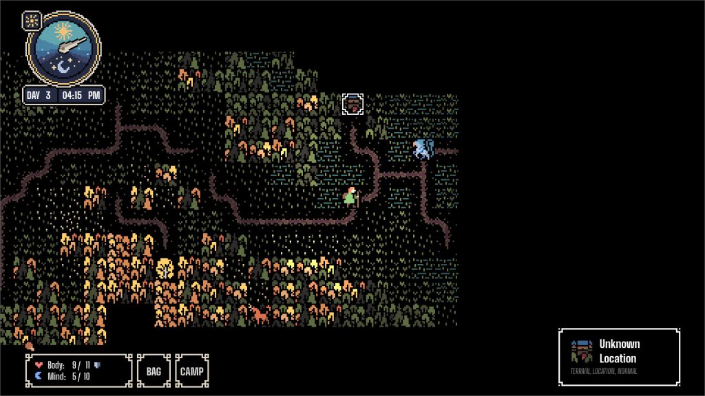 top down view of someone walking through the woods in a retro-looking game