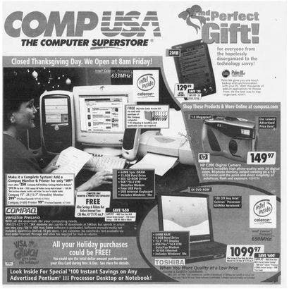 newspaper ad showing deals at compusa on black friday and saying it's closed on Thanksgiving