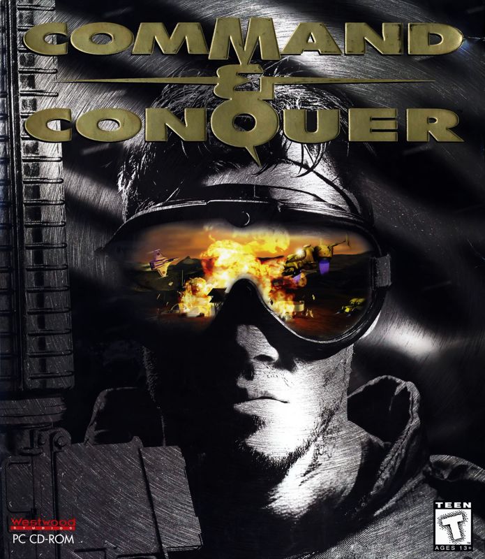 box art for command & conquer showing a guy with an explosion in the reflection of his goggles