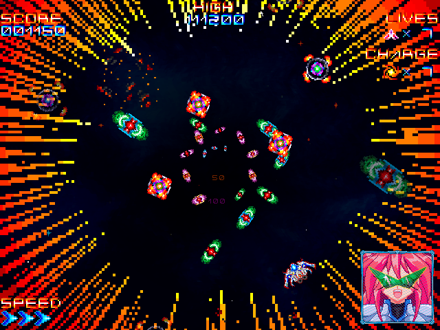 view of a ship shooting at a lot of ships at the center of the screen