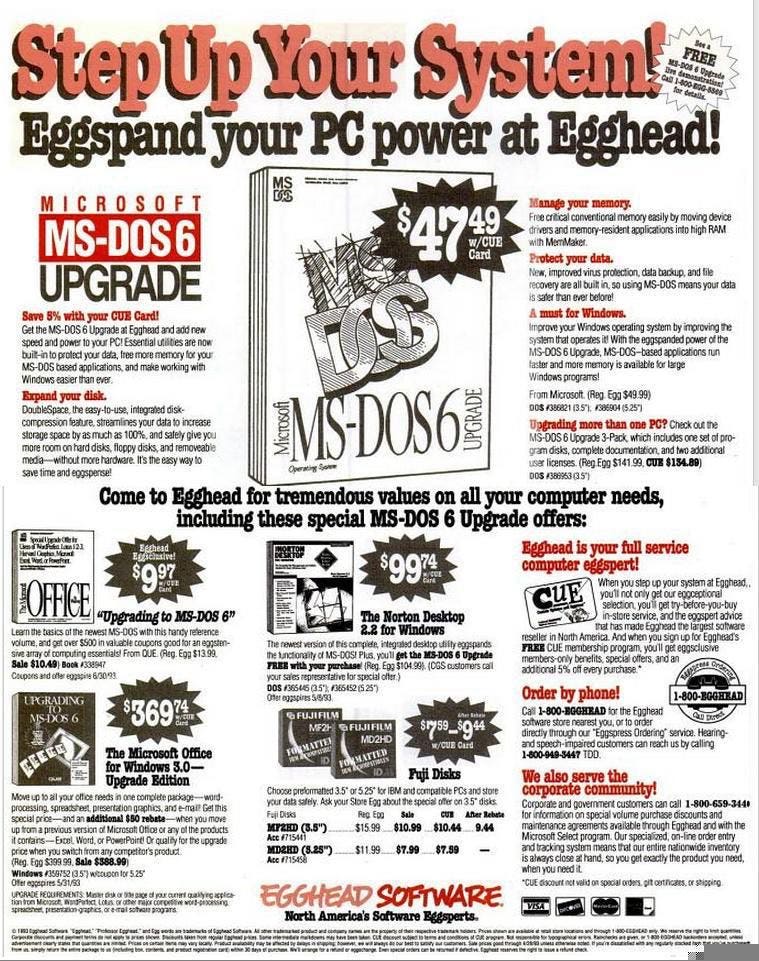 ad for Egghead Software showing products like MS-DOS 6, floppy disks, and MS Office