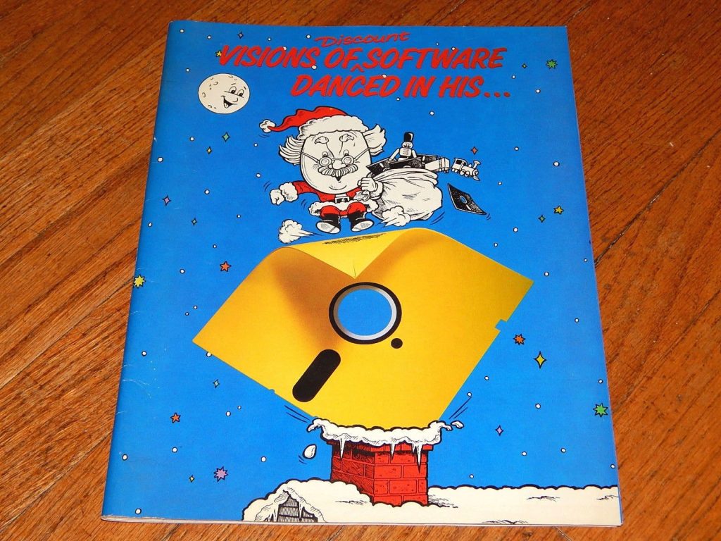 cover of catalog of Egghead Software guy dressed as santa and pushing a floppy disk down a chimney