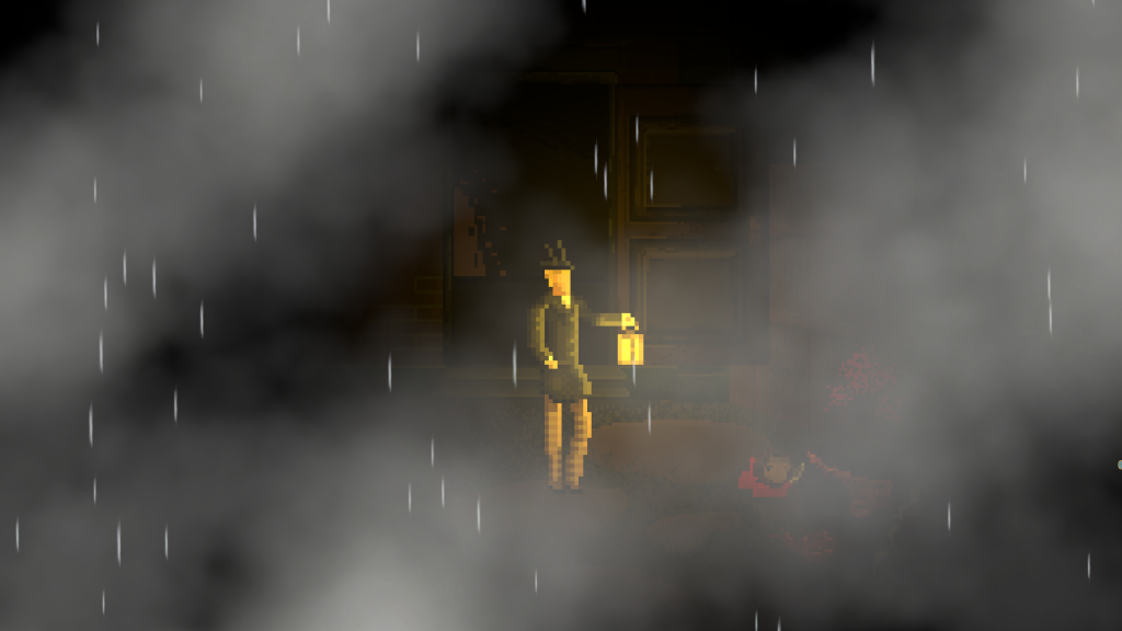 someone in the darkness, rain, and fog holding a lantern. a dead body is barely in view