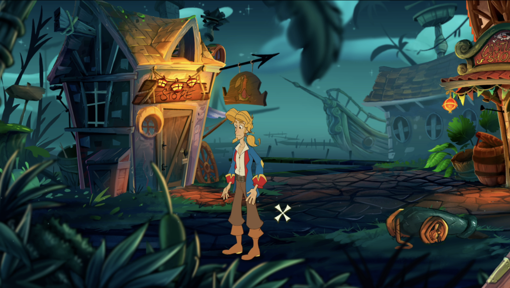 the pirate Guybrush Threepwood standing by some docks at night