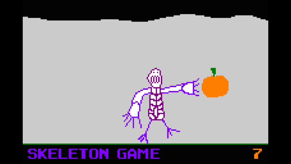 skeleton grabbing a pumpkin