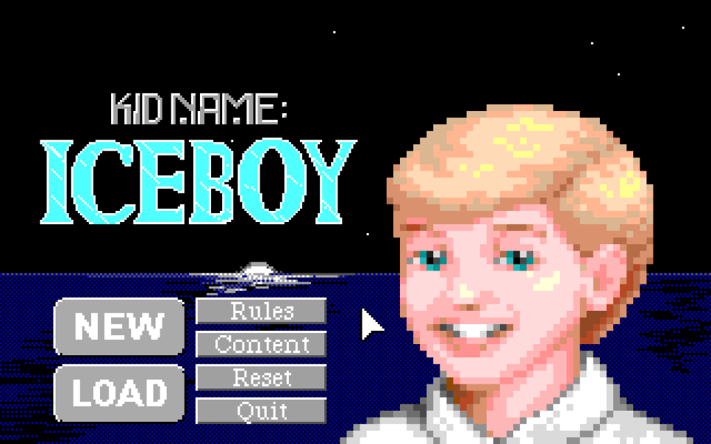 the title screen of kidname: iceboy featuring a smiling blonde boy