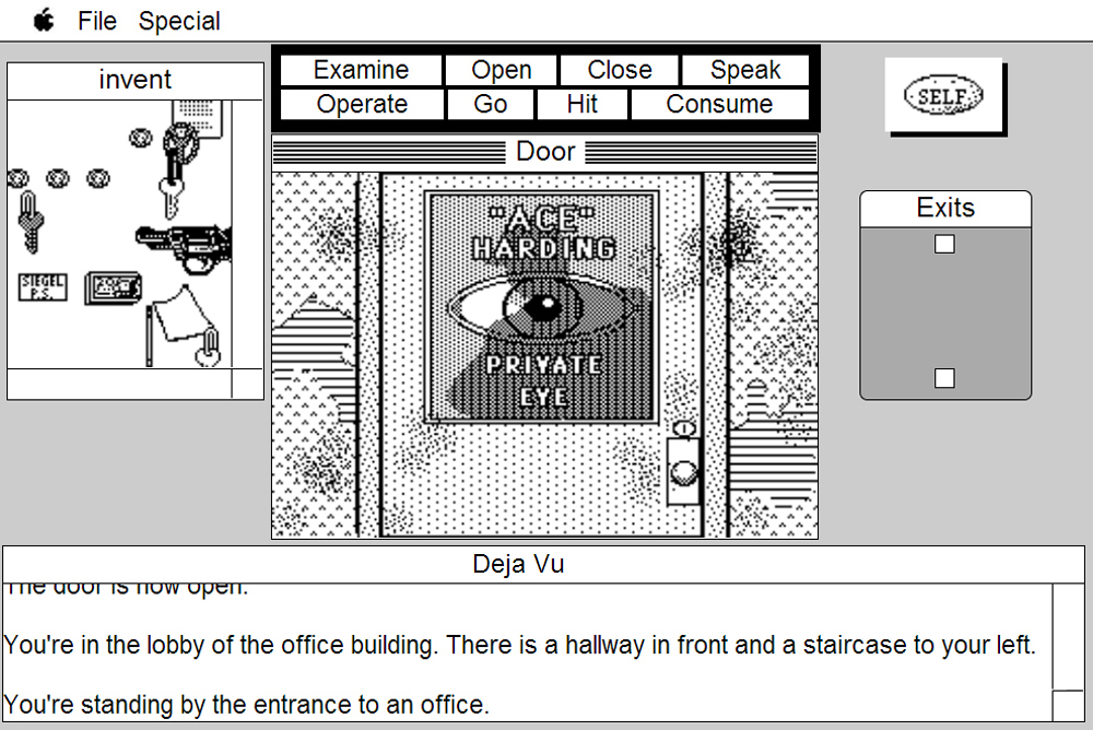 first person view of a detective's door that says "Ace Harding Private Eye" and the silhouette of someone behind the window in the door