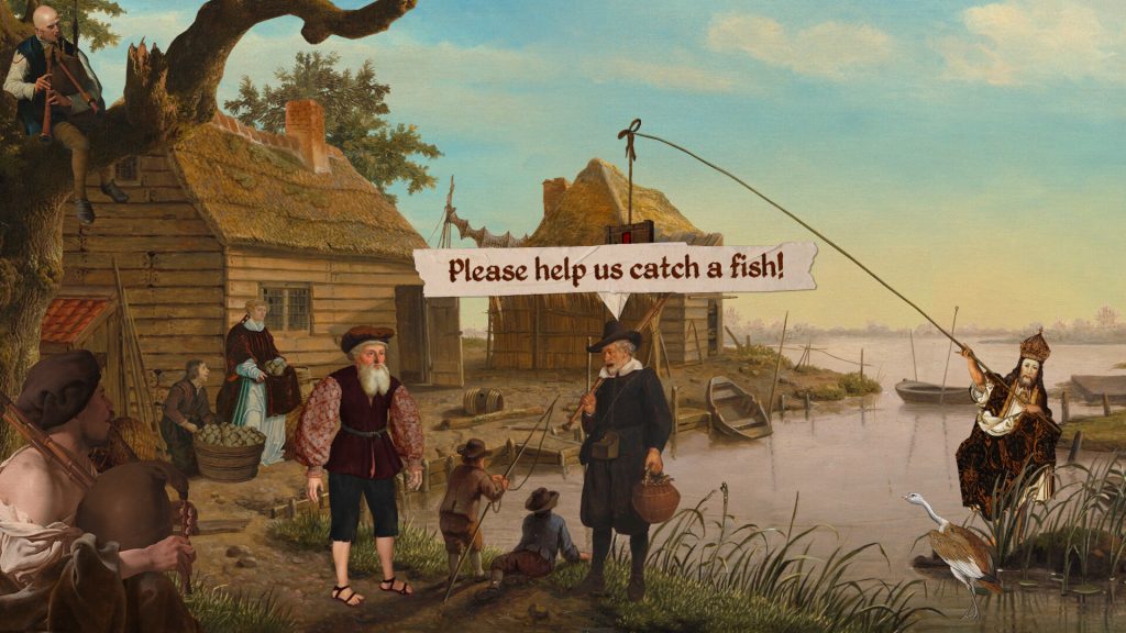 people by a lake and a man saying "Please help us catch a fish"