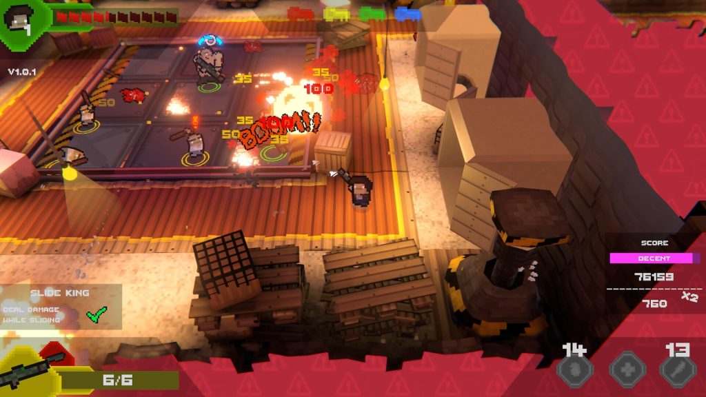 isometric view of someone in a warehouse shooting at bad guys