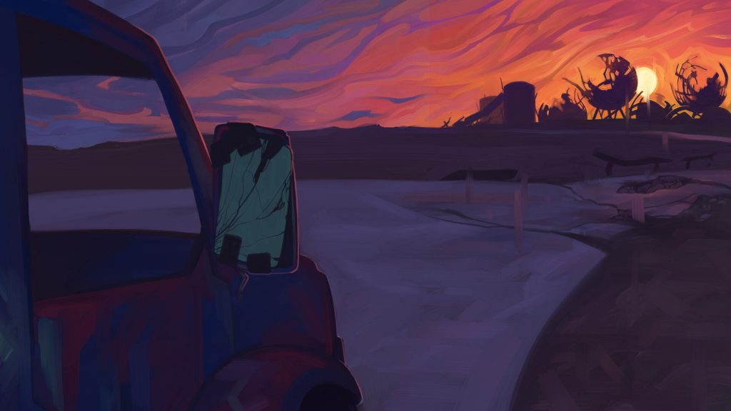 view of the side of a car at sunset