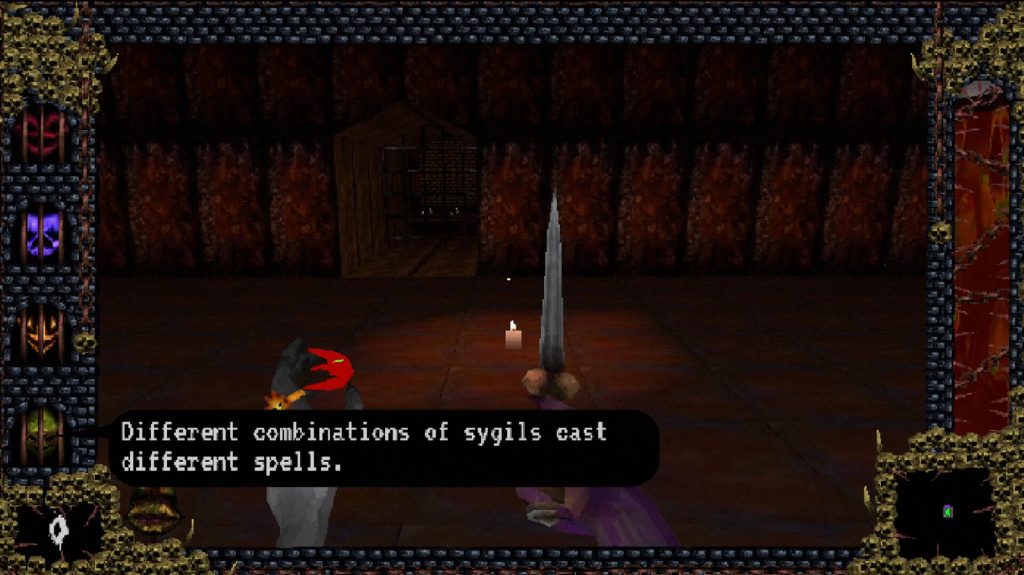 first person view of a hand holding a knife in a dungeon and text saying "different combinations of sygils cast different spells"