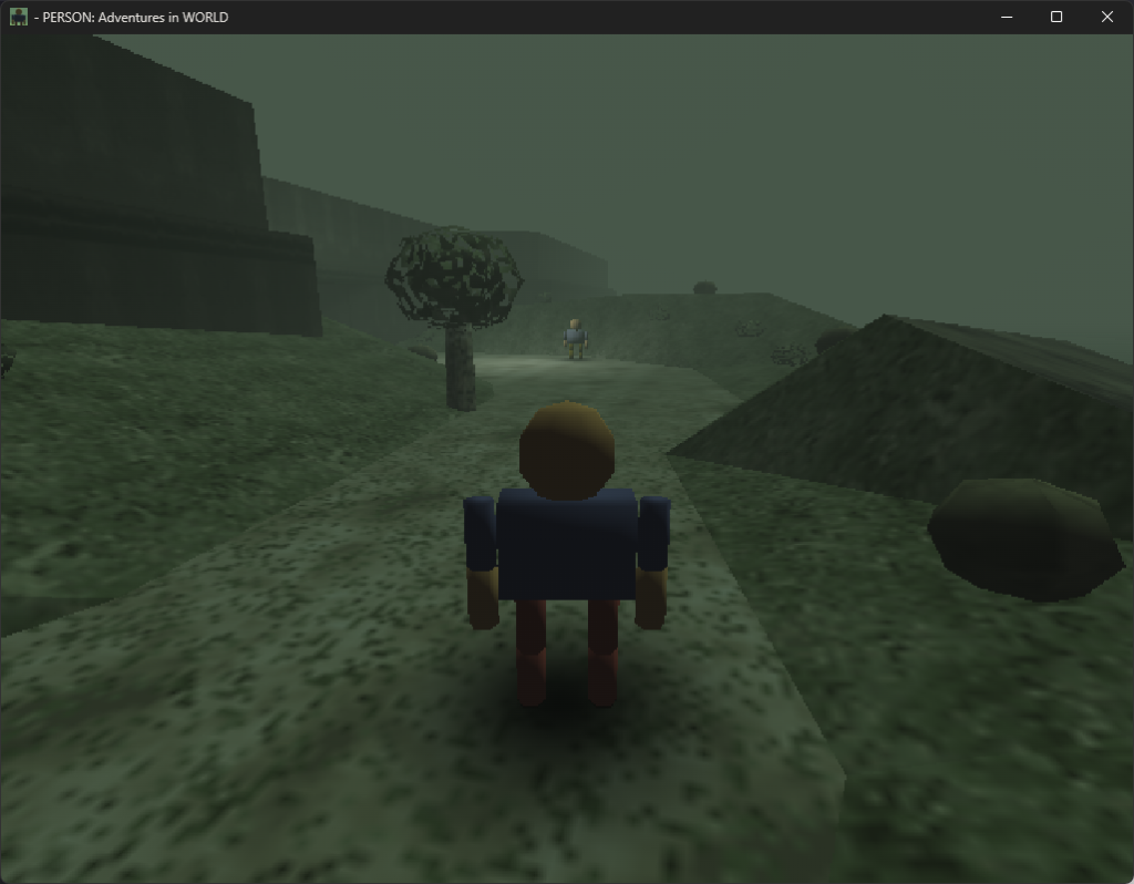 low poly person walking in a foggy trail