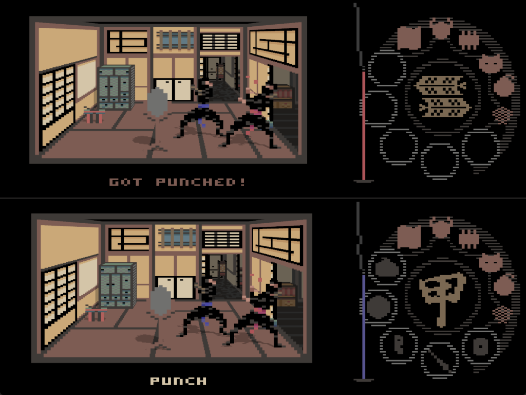 split screen of two ninjas, each screen showing a ninja punching another. One screen says "Punch" and the other says "got punched!"