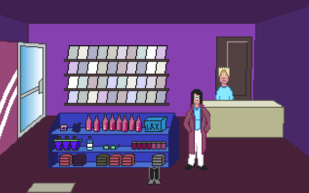 a woman standing in a purple convenience store