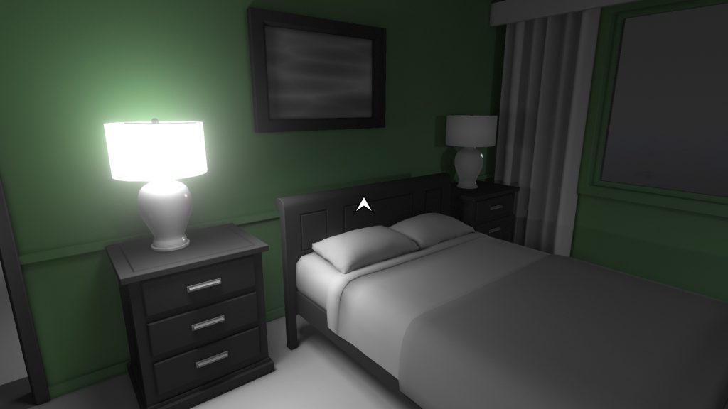 shot of a bedroom that's mostly black and white except for green walls