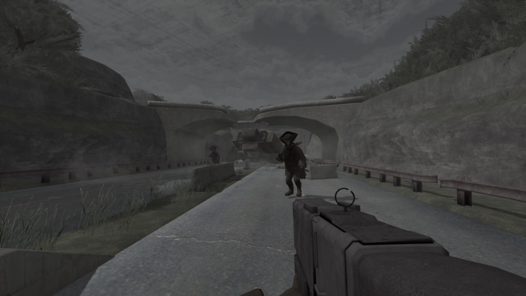 first person view of someone with a gun looking at a bridge. The sky is very gloomy and grey and there are two people or humanoids looking at you.