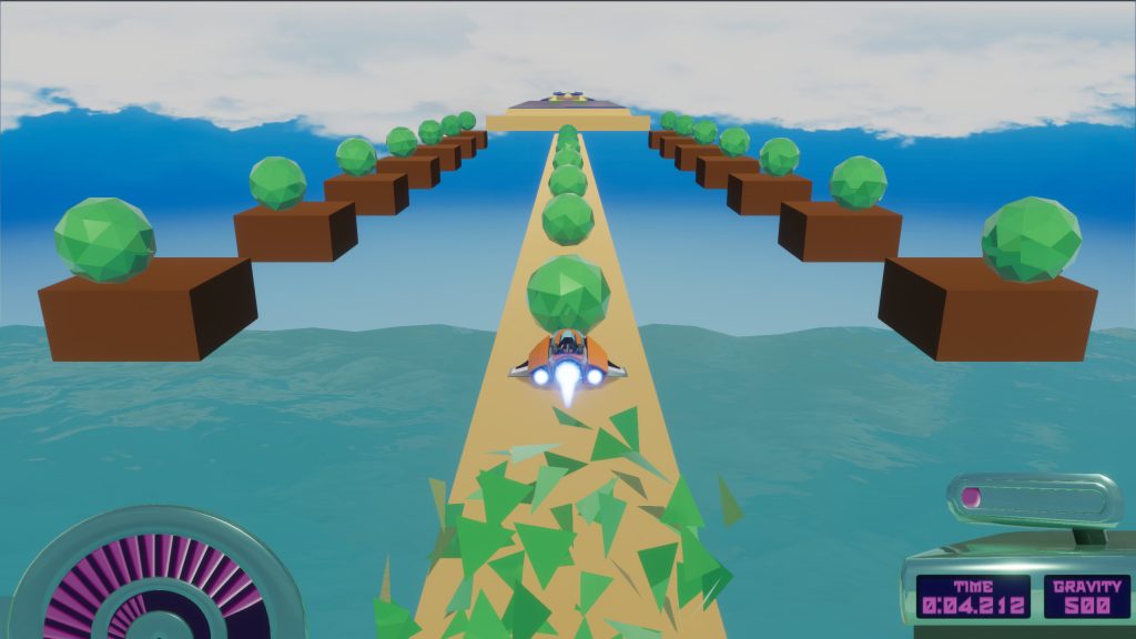 a car on a floating platform driving through green orbs