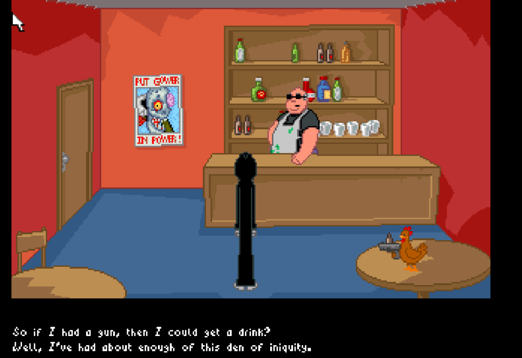 the grim reaper standing in a bar with a bartender and chicken holding a gun.