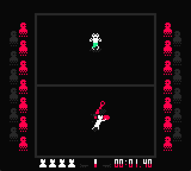 two pixel characters hitting balls back and forth while and audience watches