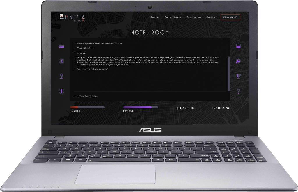 a laptop showing the text adventure game amnesia but with a lot of UI elements added