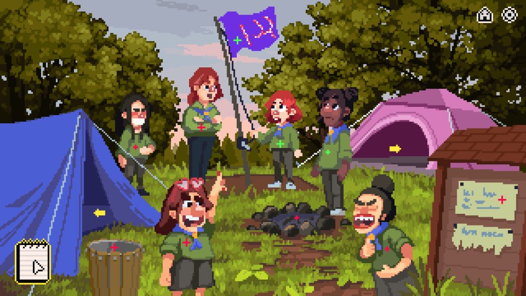 pixel art of girl scouts at a camp ground