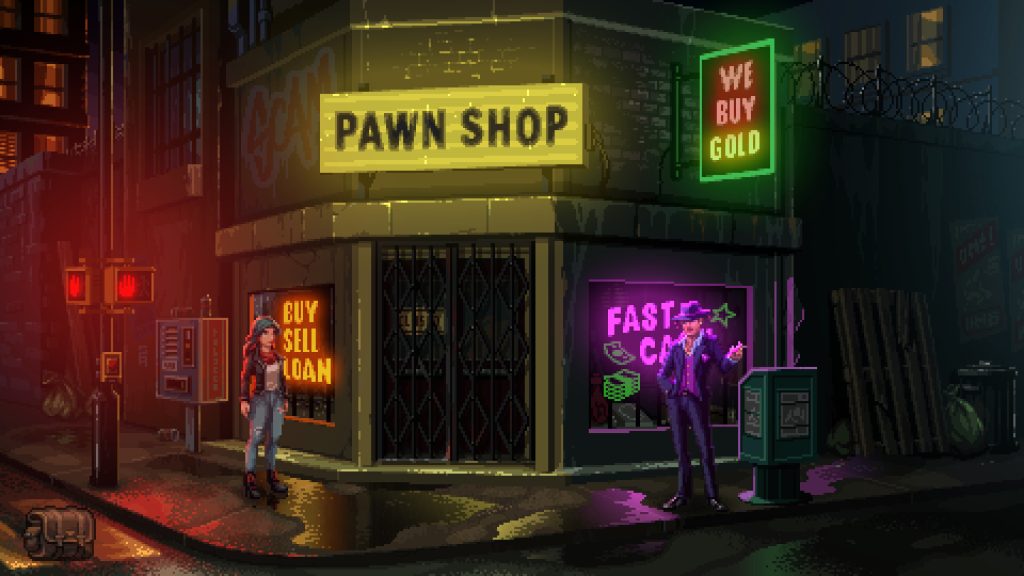 pixel art of a man and a woman standing outside of a closed pawn shop at night