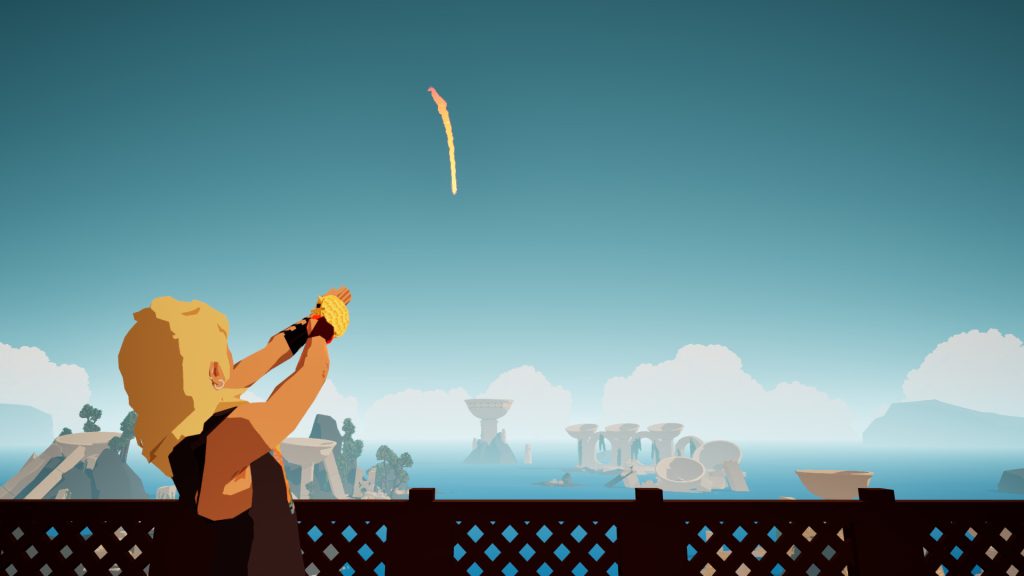 a person shooting some kind of flaming ball towards a giant stone cup in the water