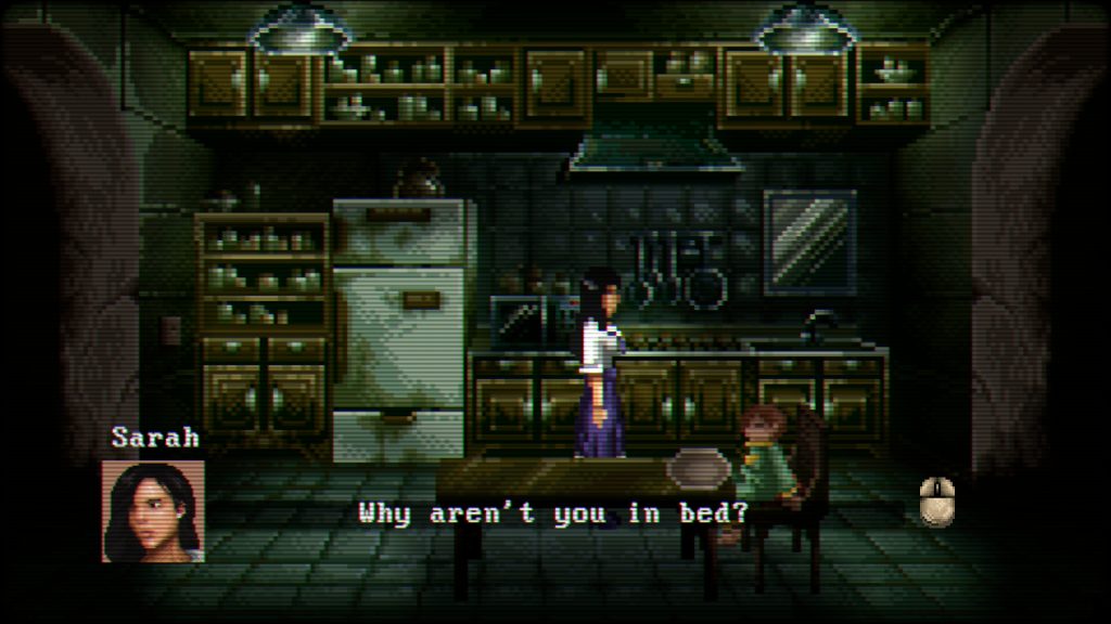a teen girl saying to a boy in a kitchen "Why aren't you in bed?"