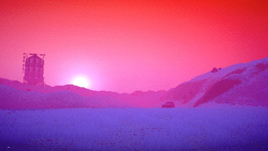 view of a planet's surface at sunset with it looking very pink, purple, and blue