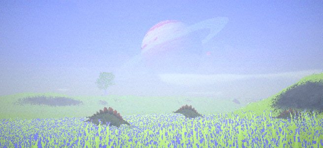 view of a planets surface with dinosaurs walking around and a planet with rings in the sky