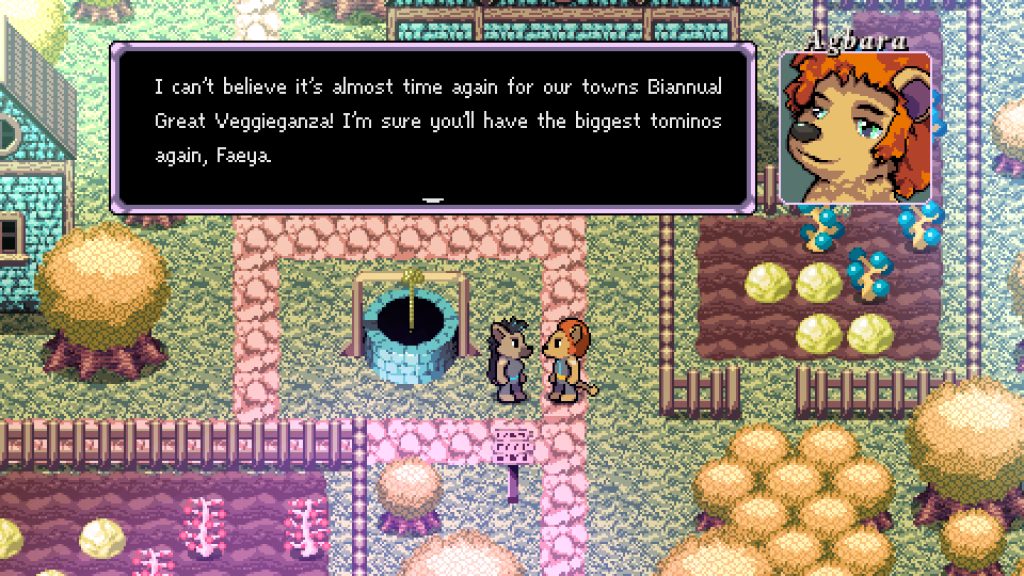 one creature saying to another "I can't believe it's almost time again for our towns Biannual Great Veggieganza! I'm sure you'll have the biggest tominos again, Faeya."