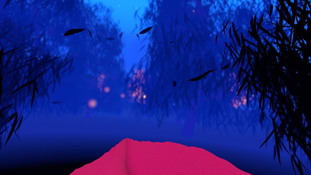 first person view of a boat floating down a marsh at night