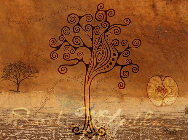 a menu screen for the electronic press kit showing a tree and faint links that would show up when you have the mouse over them