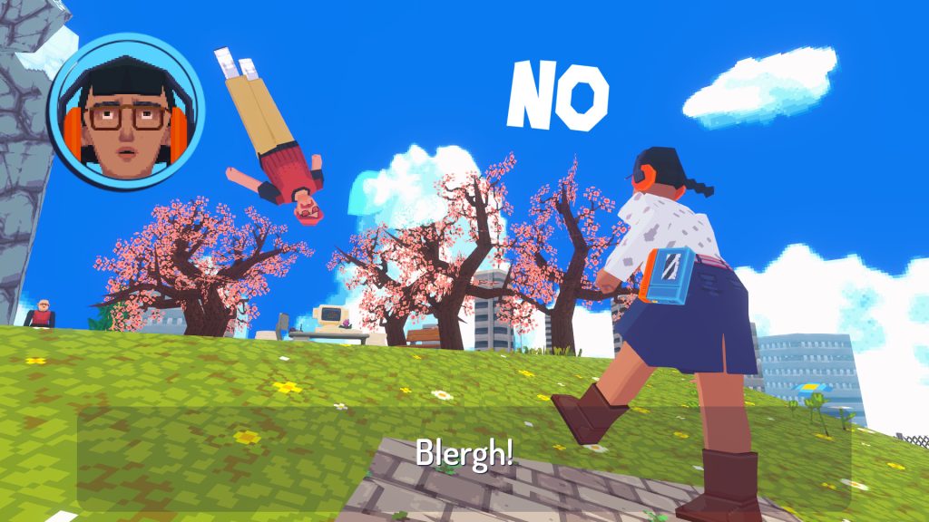 a woman outside saying NO and it pushing a man into the air