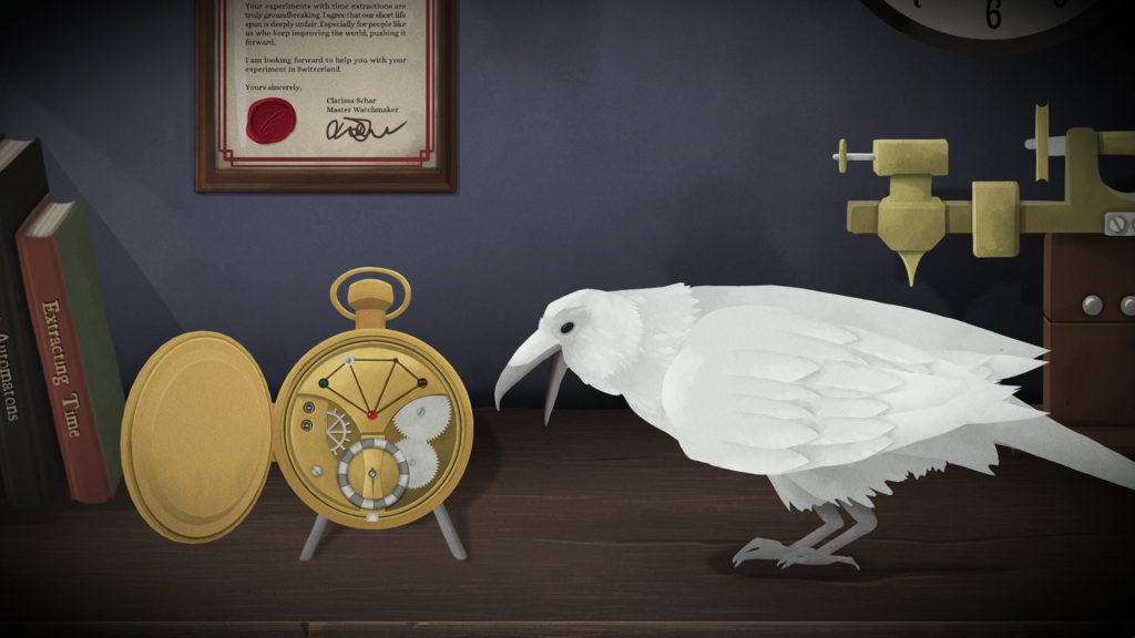 a bird looking at the inside of a watch