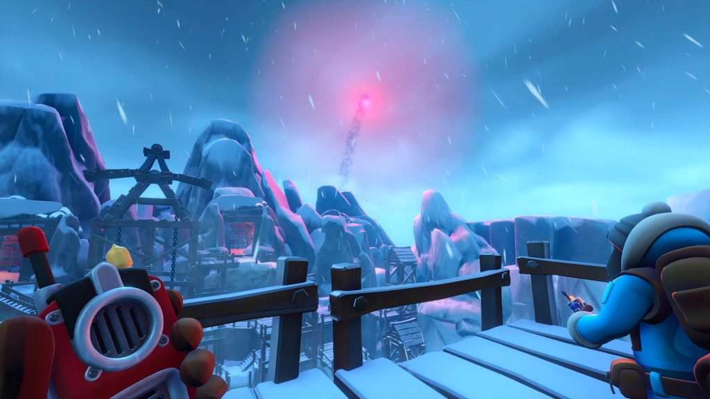 first person view of someone on a snowy platform looking at mountains with someone else and holding a walkie talkie
