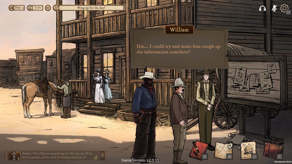 three cowboys hanging outside of a building and one thinking "Hm...I could try and make him cough up the information somehow?"