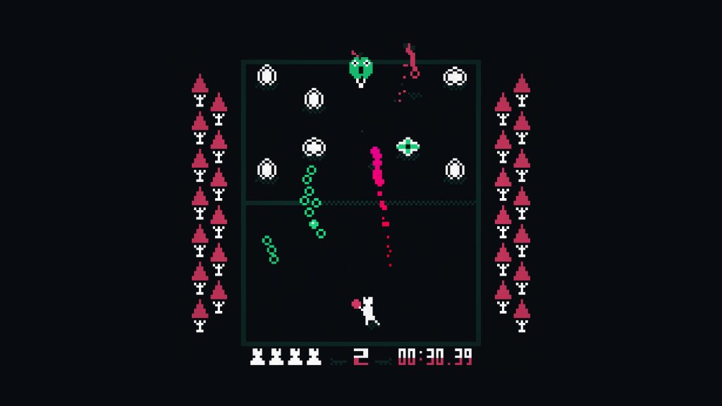 top down view of someone hitting a tennis ball back at monsters