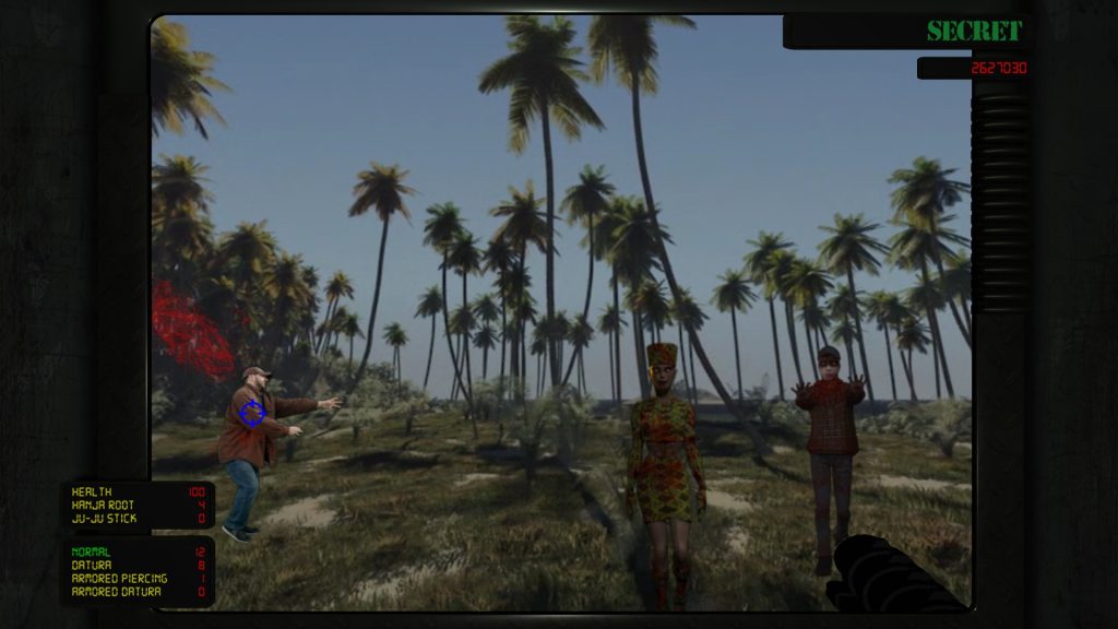 zombies walking towards the screen at a beach and a digitized sprite of a guy in brown shirt and jeans