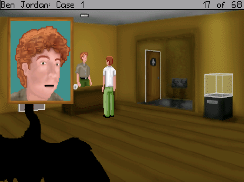 a park ranger talking a guy in a building